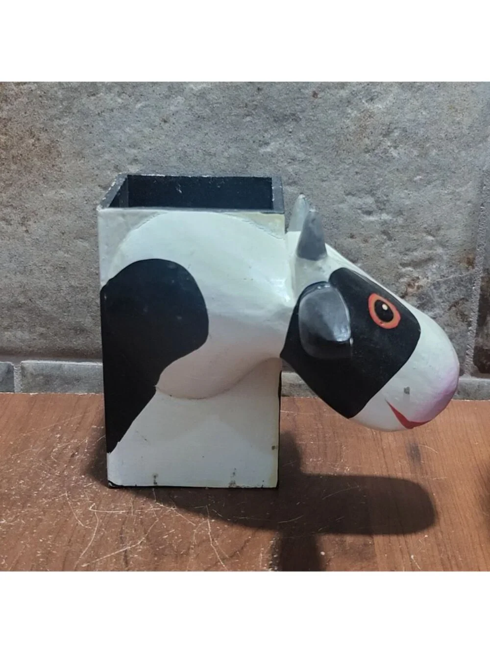 Vintage Wooden Cow Pencil Holder Black White Desk Organizer Decorative Box